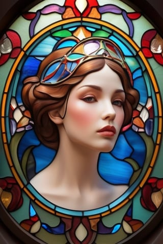 A stained glass window, art nouveau style, with colorful natural motifs and a woman's face in the middle, beautiful, rounded upwards, photorealistic, great focus, lighting, contrast, 4k.,Makeup