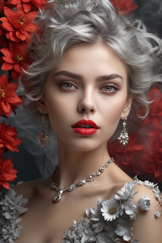 portrait, young, stunning, beautiful, girl, soft red lips, amazing and beautiful eyes, porsa skin, silver ash messy hair, "background of many real 3D flowers", fine jewelry, artstation trend, sharp focus, photography studio , intricate details, highly detailed, by greg rutkowski, focus, dense red smoke, highlighting his face, focus, photorealism, diffusion, high contrast, 4k