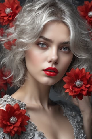 portrait, young, stunning, beautiful, girl, soft red lips, amazing and beautiful eyes, porsa skin, silver ash messy hair, "background of many real 3D flowers", fine jewelry, artstation trend, sharp focus, photography studio , intricate details, highly detailed, by greg rutkowski, focus, dense red smoke, highlighting his face, focus, photorealism, diffusion, high contrast, 4k