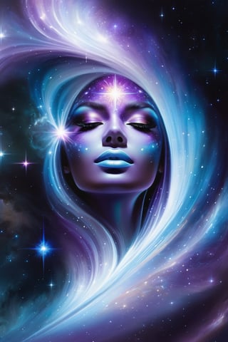 Galactic soul portrayed through the ethereal brushstrokes of Ake, 

stars converging into a humanoid form, 

astral hues of deep purples and vibrant blues with touches of cosmic whites, 

nebulous texture, 

interspersed with fine stardust glimmers, 

floating serenely in the vastness of space, 

digital painting, 

ultra realistic, 

8k