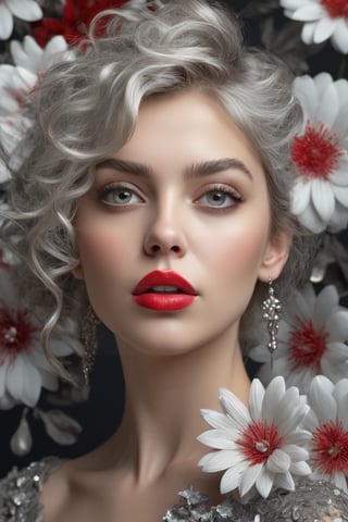 portrait, young, stunning, beautiful, girl, soft red lips, amazing and beautiful eyes, porsa skin, silver ash messy hair, "background of many real 3D flowers", fine jewelry, artstation trend, sharp focus, photography studio, intricate details, highly detailed, by greg rutkowski, focus, dense smoke, highlighting his face, spotlight, photorealism, 4k