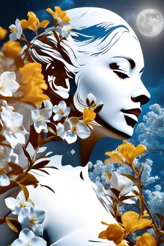 create a UHD image,

(masterpiece,

best quality: 1.4),

double photographic exposure between the perfect profile of a woman,

inside the face branches of flowers perfectly integrated and transparent in the shape of the face, neck and head, nothing should exceed these limits moon,

representations,

dark sky blue and white,

portrait illustrations with hidden meaning,

black and white still,

digital art,

perfect composition,

beautiful, detailed, intricate and incredibly detailed octane rendering that is trending on artstation,

8k art photography,

photorealistic conceptual art,

soft natural volumetric cinematic perfect light,

chiaroscuro,

award-winning photography,

masterpiece,

oil on canvas,

Raphael,

caravaggio,

greg rutkowski,

whistle,

beksinski,

giger