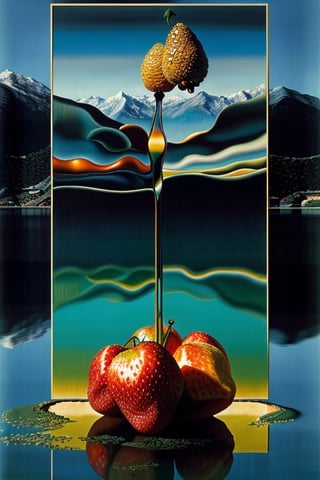 Images of fruits playing,

with mountains and sea background,

reflections in the water,

 surreal,

brilliant composition of surrealism,

((Salvador Dali)),

Very detailed,

colors and reflections,

((painting by Salvador Dalí))