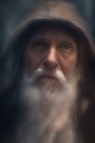 Hyperrealistic glamor portrait of a tired old wizard surrounded by elemental magic, arcane, freckles, skin pores, pores, velus hair, macro, extreme details, looking at viewer, lights and shadows, fog background, fine drizzle.