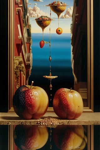 Images of fruits playing,

 surreal,

brilliant composition of surrealism,

((Salvador Dali)),

Very detailed,

colors and reflections,

((painting by Salvador Dalí))