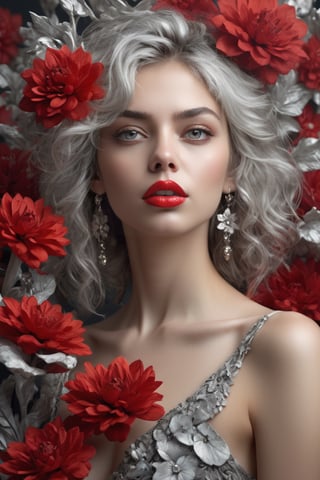 portrait, young, stunning, beautiful, girl, soft red lips, amazing and beautiful eyes, porsa skin, silver ash messy hair, "background of many real 3D flowers", fine jewelry, artstation trend, sharp focus, photography studio , intricate details, highly detailed, by greg rutkowski, focus, dense red smoke, highlighting his face, focus, photorealism, diffusion, high contrast, 4k