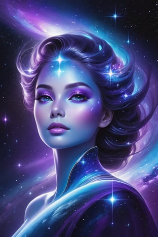 Galactic soul portrayed through the ethereal brushstrokes of Ake, 

stars converging into a humanoid form, 

astral hues of deep purples and vibrant blues with touches of cosmic whites, 

nebulous texture, 

interspersed with fine stardust glimmers, 

floating serenely in the vastness of space, 

digital painting, 

ultra realistic, 

8k