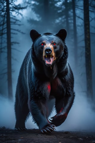 ultra detailed, higher, (realistic, photo, realistic:1.4), 8k, raw photo, (masterpiece), (best quality), ultra high resolution, scary background, fog, deep night, full moon, black bear, muscle, blazing red eyes, bleeding, full body, ((glossy animal fur)), full_body, (standing_up), wail,