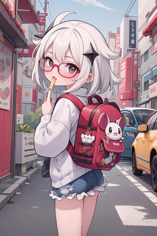 (close up camera), high quality, teenager, masterpiece, white skin, Slim body, 1girl, backpack, underage, backround, japan street, cars, cartoon, intricate details, hyperdetailed, lightroom, rich colors, More Detail, toast in mouth, looking_at_viewer, skirt, pitbull glasses, paimondef