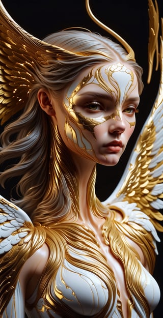 a statue of an angel dressed in white with gold details, in the style of detailed science fiction illustrations, James Bullough, expressive facial features, light white and gold, unreal engine 5, disfigured shapes cracked skin, detailed and intricate porcelain-ral compositions