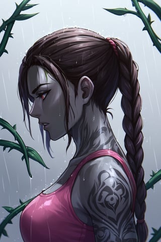 grey skin, tattoos, side view, raining, outdoors, ponytail covered in vines, braided hair, parted lips, pink crop top, serious