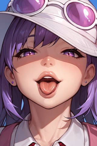 score_9,  score_8_up, uncensored, super cute style, 1girl, Close up of an anime schoolgirl with purple hair and a white hat, sticking out her tongue and licking her lips in anticipation, mouth wide open, pretty