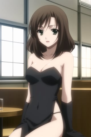 HD, 8k, highres, mantialiasing, Highly detailed, High Quality, masterpiece, beautiful, 1girl, solo, (feminine focus, madure woman, 32 years old), kumi mori, (brown hair, green eyes:1.5), medium hair,
BREAK ((black dress:1.5)), (long dress, side slit, strapless dress, bare shoulders, jewelry, long gloves, lipstick), 
BREAK indoors, ((restaurant, windows showing a dusk, chair, tables)), ((dark environment:1.5)),
BREAK looking_at_viewer, sitting, full_body, ((Focus breasts)), 