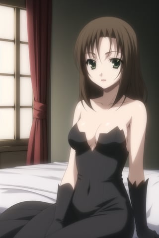 HD, 8k, highres, mantialiasing, Highly detailed, High Quality, masterpiece, beautiful, 1girl, solo, (feminine focus, madure woman, 32 years old), kumi mori, (brown hair, green eyes:1.5), medium hair,
BREAK ((black dress:1.5)), (long dress, side slit, strapless dress, bare shoulders, jewelry, long gloves, lipstick), 
BREAK indoors, ((hotel, windows showing a dusk, bed)), ((dark environment:1.8)),
BREAK looking_at_viewer, sitting, full_body, ((Focus breasts)), 