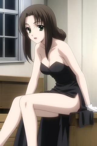 HD, 8k, highres, mantialiasing, Highly detailed, High Quality, masterpiece, beautiful, 1girl, solo, (feminine focus, madure woman, 32 years old), kumi mori, (brown hair, green eyes:1.5), medium hair,
BREAK ((black dress:1.5)), (long dress, side slit, strapless dress, bare shoulders, jewelry, long gloves, lipstick), 
BREAK indoors, ((hotel, windows showing a dusk)), ((dark environment:1.5)),
BREAK looking_at_viewer, sitting, full_body, ((Focus breasts)), 