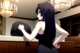 Highly detailed, High Quality, masterpiece, beautiful,
BREAK 1girl, solo, (young woman, 16 years old), roka kitsuregawa, (long hair), purple hair, blue eyes,
BREAK (bare shoulders, black dress, black sleeves), (medium breasts), 
BREAK (background of a luxurious restaurant, chandelier:1.5),
BREAK looking_back, solo focus, 