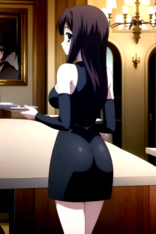 Highly detailed, High Quality, masterpiece, beautiful,
BREAK 1girl, solo, (young woman, 16 years old), roka kitsuregawa, (long hair), purple hair, blue eyes,
BREAK (bare shoulders, black dress, black sleeves, neckline), (medium breasts:1.5), 
BREAK (background of a luxurious restaurant, chandelier, tables with tablecloths, elegant people),
BREAK looking_back, standing, feet_out_of_frame, focus waist, from_behind.