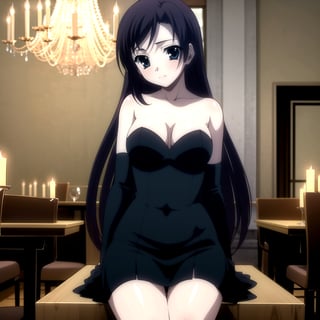 Highly detailed, High Quality, masterpiece, beautiful,
BREAK 1girl, solo, (young woman, 16 years old), roka kitsuregawa, (long hair), purple hair, blue eyes,
BREAK (bare shoulders, black dress, black sleeves, neckline), (medium breasts), 
BREAK (background of a luxurious restaurant, chandelier:1.5),
BREAK looking_at_viewer, sit, focus breasts, sitting in an elegant chair in front of a table with candles, 