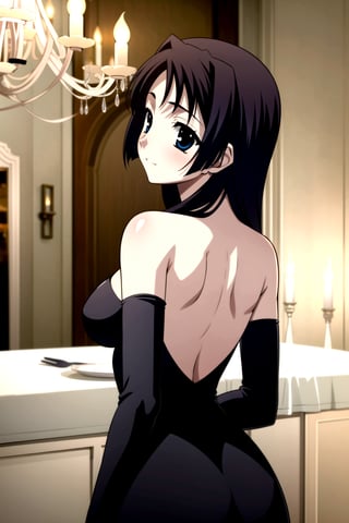 Highly detailed, High Quality, masterpiece, beautiful,
BREAK 1girl, solo, (young woman, 16 years old), roka kitsuregawa, (long hair), purple hair, blue eyes,
BREAK (bare shoulders, black dress, black sleeves), (medium breasts), 
BREAK (background of a luxurious restaurant, chandelier:1.5),
BREAK looking_back, solo focus, 