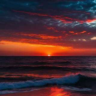 In the distance, where the sea and the sky meet, the afterglow of the setting sun illuminates the sky, showing gorgeous colorful clouds. The clouds seemed to be ignited by flames, emitting bright orange-red light, like a magnificent oil painting. The afterglow of the setting sun also dyed the sea surface a warm orange color, as if the entire ocean was silently praying for the departure of the sun. Colorful, ultra-wide-angle 8K, high-definition, large aperture, volume light, exposure 2, macro, ultra-clear image quality, ultra-high definition