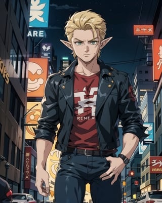 sole_male, blond_hair, slicked_back_hair, green_eyes, elf_ears, red_shirt, black leather jacket, blue_jeans, cyberpunk city street, midnight, 