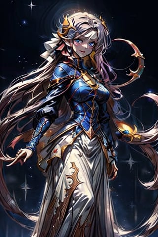 a woman with a crescent in her hair a night sky background with stars, swirls in the background, a crescent in the sky,horror,outfit-km,FFIXBG,glitter