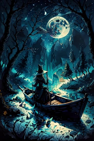 a painting of woman on a boat in the lake and a full moon in the sky above ,ultra detailed brush stroke xjrex,fantasy00d,horror