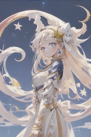 a woman with a crescent in her hair a night sky background with stars, swirls in the background, a crescent in the sky,horror,outfit-km,FFIXBG,glitter