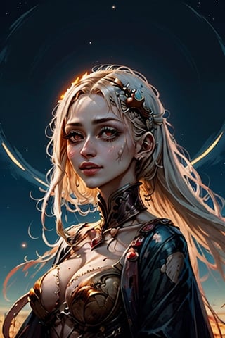 a woman with a crescent in her hair a night sky background with stars, swirls in the background, a crescent in the sky,horror,outfit-km,FFIXBG