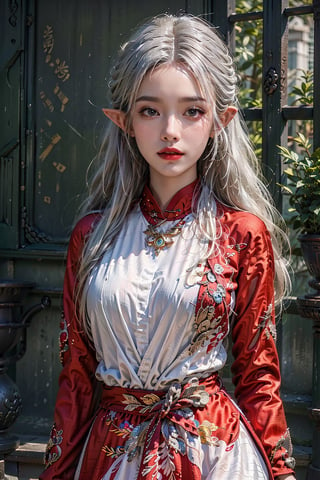 photorealistic, high resolution, soft light,1women, solo, hips up, shining skin, (detailed face), jewelry, white hair, wavy hair, dynamic pose, (chinese talisman on forehead:1.2), aodaicuoi, a little elf girl in the woods.