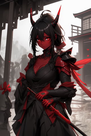 best quality, masterpiece, 8k, oni, bright red skin girl, black hair, horns, ronin armor, scenery, wooden house, spear in her hand, red eys,  samus 