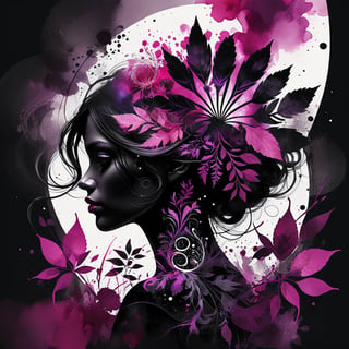 (watercolor art designed by Agnes Cecile:0.8), dark black and  magenta fractal art, Solarpunk Art, Islandpunk, Unsplash, Floral and leaves motives, silhouette, Flickr, science fiction scene, Mystical, Movie concept art
