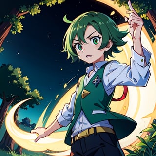 (masterpiece), high quality, 8 year old boy, solo, anime style, mid hair, deep dark green hair, scared look, brown leather medieval waistcoat, white silk shirt, black pants, light green eyes, glowing eyes, green aura, night forest background., pokemovies, wally, allister \(pokemon\), pokemon,regulus_corneas