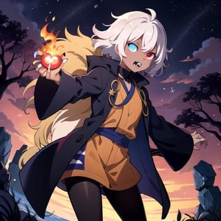 (masterpiece), high quality, 19 year old trap dark elf, solo, anime style, black skin tone, mid hair, gray hair, confident look, sharp teeth, sharp claws, purple medieval long sleeves shirt, purple tights, heterochromia, medieval black leather coat, red eyes, glowing eyes, red aura, night forest background., pokemovies, wally, allister \(pokemon\),Komaeda_Nagito,son goku,Naruto uzumaki ,1utf1,otoko_no_ko,kaga(everlasting killing stone),faputa,mare bello fiore,kyokodg