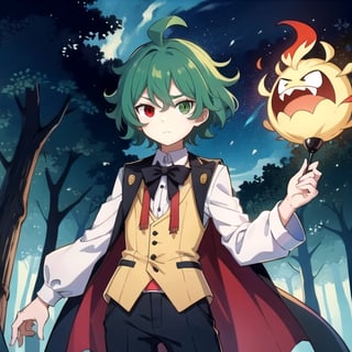 (masterpiece), high quality, 10 year old boy, solo, anime style, mid hair, deep dark green hair, scared look, brown leather medieval waistcoat, medieval white silk shirt, black pants, heterochromia, green right eye, yellow left eye, glowing eyes, green aura, night forest background., pokemovies, wally, allister \(pokemon\), pokemon,Komaeda_Nagito