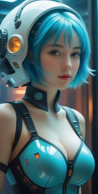 ((full_body)), 18yr old European Girl, AQUA short hair, breathtaking photorealistic photo of girl with aqua hair wearing mech suit indoors (on alien spaceship) by Craig Davison, Dave Dorman, and Drew Struzan, symmetrical outfit. patch panels, computers, buttons, switches, screen, window with a view of outer space. wearing bubble helmet, face visible. high quality, photorealism, chromatic aberration, lens distortion, sharp focus, highest detail.,smile, (huge_boobs:1.8), willowy, chiseled, (hunky:3.0), body Rotation 180 degree,underwater,cinematic_warm_color