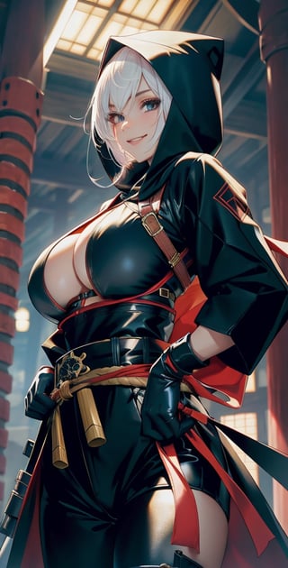 Upper body ,1girl ,young adult female, sharp jaw, lean build, Japanese face, pale complexion, black mask and hood up, all black assassin outfit with obi belt around waist, full sleeve and gloves, combat boots
,blurry background,smile,,(oil shiny skin:0.8), (big_boobs), willowy, chiseled, (hunky:1.4),(perfect anatomy, prefect hand,), 9 head body lenth, dynamic sexy pose, (artistic pose of awoman),(upper body,from_below:1.5)