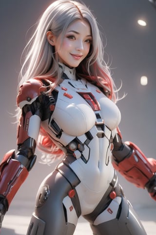 masterpiece, best quality, 1girl, solo,  ayre, (white bodysuit:1.5), mecha musume, parted lips, arms at sides, halo, red eyes, (gray hair:1.5),cyberpunk city background, glowing eyes, white skin,ayre, (perfect hands, perfect anatomy), smile ( shiny oil skin:0.9), cowboy_shot, spread legs, curved body, (dynamic sexy pose:1.7), sexy body, (big breast:1.2), upper body, 9 head length body, looking at viewer, ,Mecha body,(from_below:1.3)