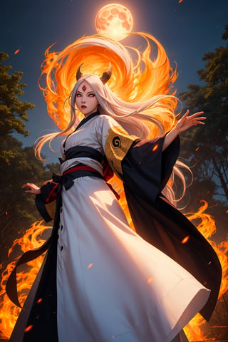 masterpiece,best quality,highly detailed,ultra-detailed,an extremely delicate and beautiful,masterpiece,1girl, solo,kaguya,mature female, long pure white long hair, absurdly long hair, third eye,horns, pale skin,white short eyebrows, pure white otsutsuki kimono, perfect eyes,floating hair, sexy pose, High quality 7k, High resolution ,fully_clothed, Meteorites with magma falling from the sky at night,third eye,pale skin,dynamic pose, dynamic poses, ( backview), (looking upward:1.2), (long shot:1.5), (from below:1.2),forests,big trees,temples,red full moon,r1ge,asian girl,Detailedface