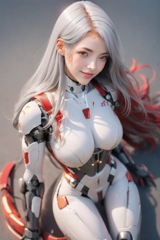 masterpiece, best quality, 1girl, solo,  ayre, (white bodysuit:1.5), mecha musume, parted lips, arms at sides, halo, red eyes, (gray hair:1.5),cyberpunk steet background, glowing eyes, white skin,ayre, (perfect hands, perfect anatomy), smile ( shiny oil skin:0.9), cowboy_shot, spread legs, curved body, (dynamic sexy pose:1.7), sexy body, (big breast:1.2), upper body, 9 head length body, looking at viewer, ,Mecha body,(from_above:1.4)