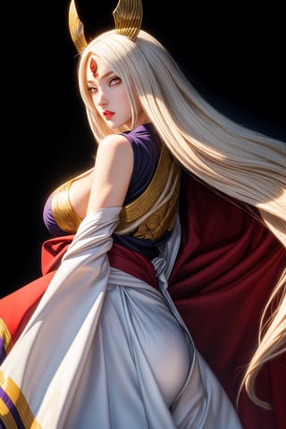 masterpiece,best quality,highly detailed,ultra-detailed,an extremely delicate and beautiful,masterpiece,1girl, solo,kaguya,mature female, long pure white long hair, absurdly long hair, third eye,horns, pale skin,white short eyebrows, otsutsuki kimono, perfect eyes,floating hair, sexy pose, High quality 7k, High resolution ,fully_clothed,third eye,pale skin,dynamic pose, gigantic breast, dynamic poses, ( backview), (looking upward:0.8), (long shot:1.5), (from below:0.2)