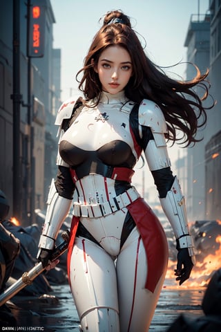 ((masterpiece:1.4, best quality:1.2, official art, beautifull and aeshtetic)), 1girl, solo focus, delicate face, stern expression, beautiful white armor, fullbody armor, dark red hair, gradient hair, very long hair, holding long spear, futuristic setting, futuristic city, castle background, depth of field, floating hair, (perfect hands, perfect anatomy), ( shiny oil skin:1.2), cowboy shot, curved body, (dynamic sexy pose:1.7), sexy body, (middle breast:1.35), 9 head length body, looking at viewer, upper_body,angelawhite,StormTrooper