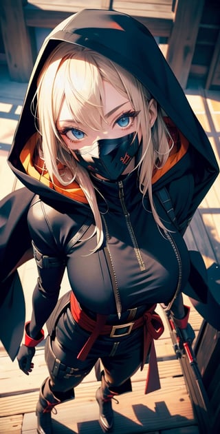 Upper body ,1girl ,young adult female, sharp jaw, lean build, Japanese face, pale complexion, black mask and hood up, all black assassin outfit with obi belt around waist, full sleeve and gloves, combat boots
,blurry background,smile,,(oil shiny skin:0.8), (big_boobs), willowy, chiseled, (hunky:1.4),(perfect anatomy, prefect hand,), 9 head body lenth, dynamic sexy pose, (artistic pose of awoman),(upper body,from_above:1.5)