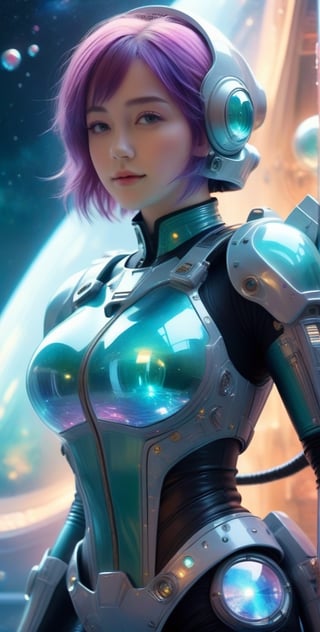 ((full_body)), 18yr old European Girl, AQUA short hair, breathtaking photorealistic photo of girl with aqua hair wearing mech suit indoors (on alien spaceship) by Craig Davison, Dave Dorman, and Drew Struzan, symmetrical outfit. patch panels, computers, buttons, switches, screen, window with a view of outer space. wearing bubble helmet, face visible. high quality, photorealism, chromatic aberration, lens distortion, sharp focus, highest detail.,smile, (huge_boobs:1.8), willowy, chiseled, (hunky:3.0), body Rotation 180 degree,underwater,cinematic_warm_color,girl,DonMC3l3st14l3xpl0r3rsXL