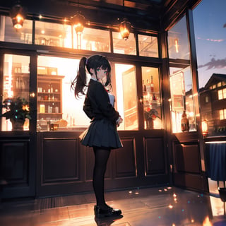 //quality and character
masterpiece, best quality, ultra-detailed, beautiful detailed, 4k, highres, ultla detailed, absurdres, BREAK
//Character
a girl in uniform posing near window in house-style living room, 1girl, solo, twintails, skirt, black hair, messy hair, BREAK, 
neck_tie, black footwear, looking at viewer, school uniform, grey skirt, jacket, shoes, loafers, full body, open mouth, pleated skirt, black jacket, school bag, standing, black pantyhose, shirt, white shirt, long hair, holding, bangs, BREAK,
looking at the sky, sunset, outdoor dark red and blue and purple sky,dynamic angle, boy back to the viewer,SGBB,midjourney