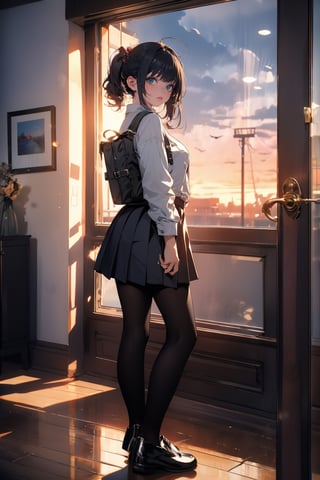 //quality and character
masterpiece, best quality, ultra-detailed, beautiful detailed, 4k, highres, ultla detailed, absurdres, BREAK
//Character
a girl in uniform posing near window in house-style living room, 1girl, solo, twintails, skirt, black hair, messy hair, BREAK, 
neck_tie, black footwear, looking at viewer, school uniform, grey skirt, jacket, shoes, loafers, full body, open mouth, pleated skirt, black jacket, school bag, standing, black pantyhose, shirt, white shirt, long hair, holding, bangs, BREAK,
looking at the sky, sunset, outdoor dark red and blue and purple sky,dynamic angle, boy back to the viewer,SGBB,midjourney