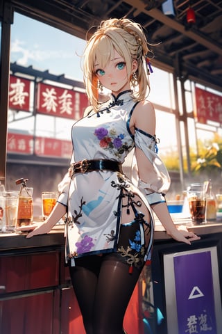 //quality and character
masterpiece, best quality, ultra-detailed, beautiful detailed, 4k, highres, ultla detailed, absurdres, BREAK
//Character
artoria pendragon in qipao posing near window in restaulant, artoria pendragon, artoria pendragon, blond_hair,twintails,  messy hair, full body, open mouth,, standing, BREAK, 
(qipao:1.5),  (deep slit), leotard,heels,  black pantyhose, no sleeve,bare_shoulders, bra,white shirt, long hair, holding, bangs, BREAK,
looking at the sky, sunset, outdoor dark red and blue and purple sky,dynamic angle, model shot,SGBB,midjourney