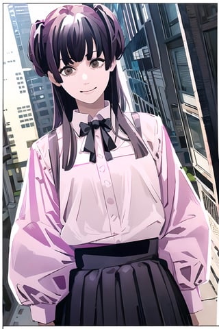 (masterpiece, best quality:1.2), fujimoto, 1girl, solo, fuyuko mayuzumi, black hair, ((brown eyes:1.5)), long hair, ((two side up)), black bow, black bowtie, black ribbon, black skirt, bow, bowtie, frilled shirt, frills, jirai kei, long sleeves, neck ribbon, (pink shirt:1.5), ribbon, shirt, skirt, white shirt, blunt bangs, sidelocks, smile, buildings, pink background, dutch angle, manga cover, ((white border, border:1.1))