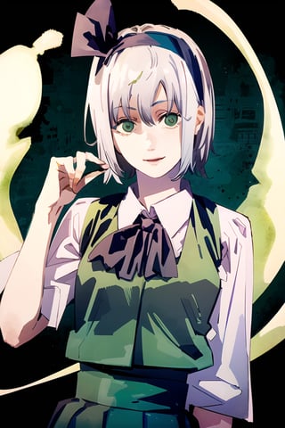 (masterpiece, best quality:1.2), fujimoto, 1girl, solo, 1girl, white hair, short hair, hair ribbon, hairband, green eyes, bow, white shirt,green vest,green skirt, smile, simple background, konpaku youmu (ghost)