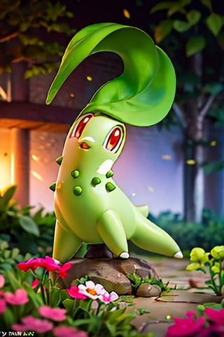 centered, award winning photo, (looking at viewer:1.2), | Chikorita_Pokemon,| garden, flowers, | bokeh, depth of field, cinematic composition, | 